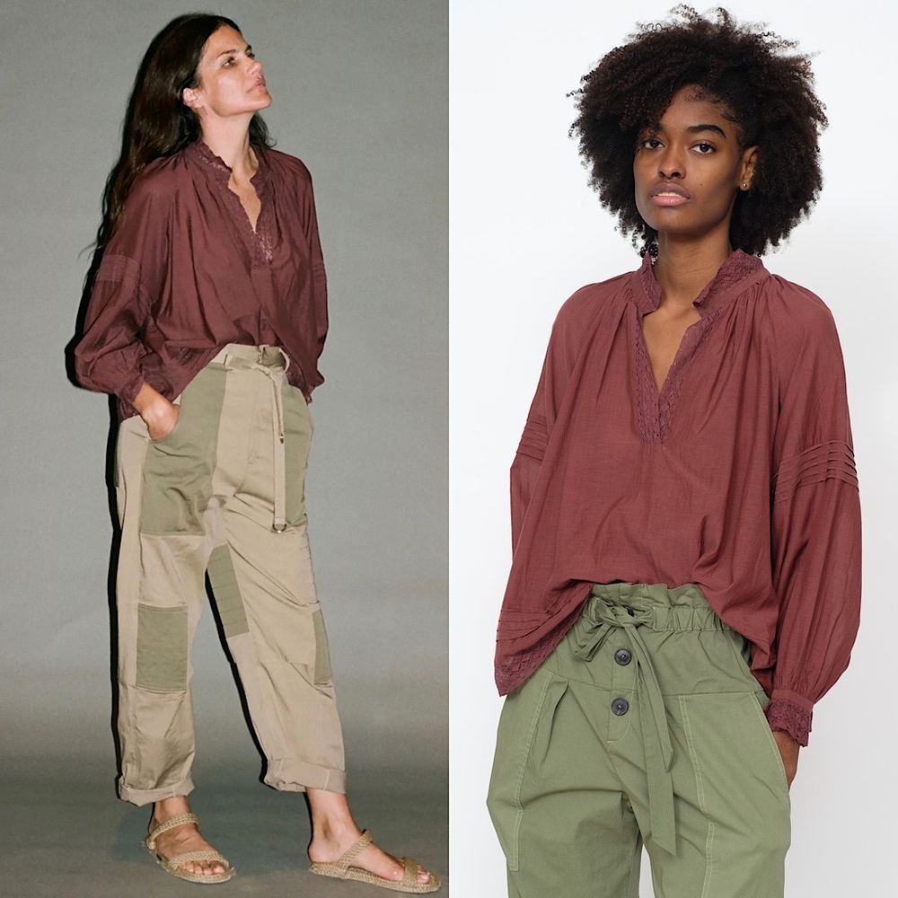 SEA NY Burgundy Cotton Lace Trim Puff Long Sleeve High Neck Oversized Top XS